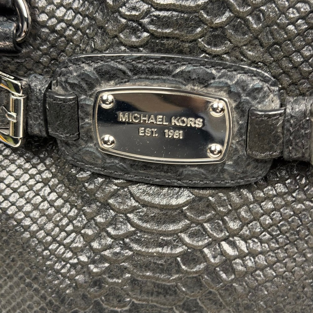 Michael Kors Hamilton Black Snakeskin Embossed Leather Satchel Handbag Silver HW - Picture 5 of 11